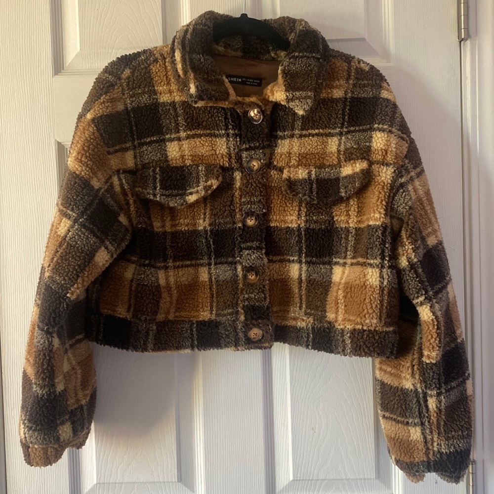 SHEIN plaid teddy jacket size L
